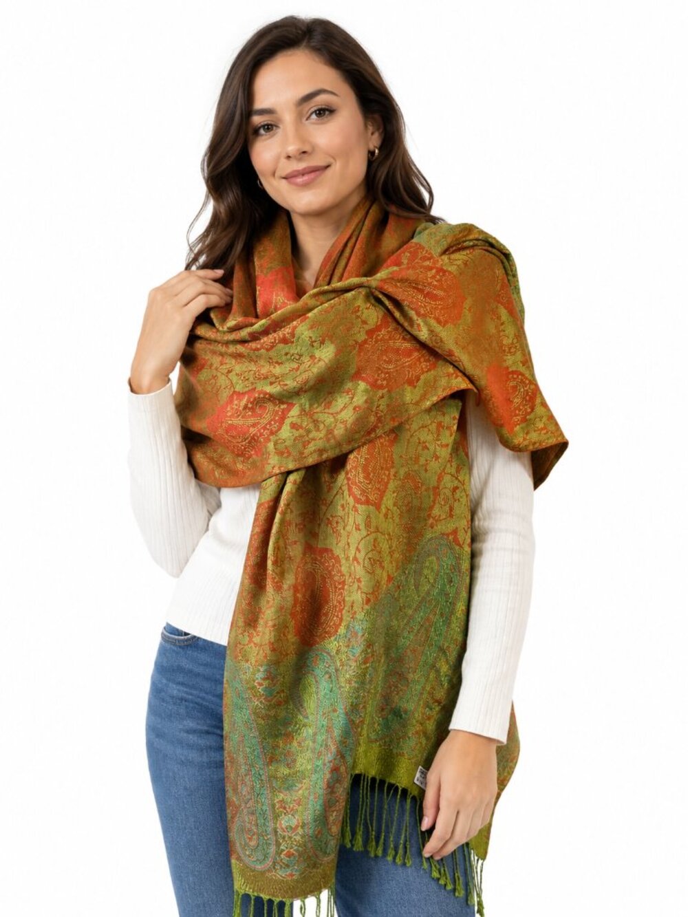 100% Pashmina Scarf Shawl in Orange & Green Paisley Pattern, 28" Wide 69" Long